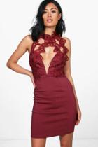 Boohoo Anna Lace Trim Halter Neck Dress Wine