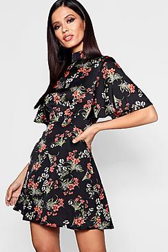 Boohoo Kaya Floral High Neck Angel Sleeve Skater Dress