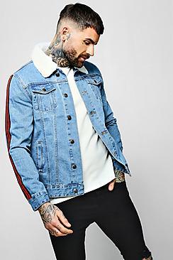 Boohoo Borg Collar Denim Jacket With Side Tape