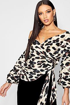 Boohoo Animal Print Ruffle Tiered Sleeve Wrap Blouse