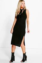 Boohoo Timi Tie Neck With Side Splits Midi Dress Black