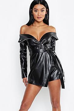 Boohoo Leather Look Biker Jacket Playsuit