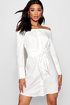 Boohoo Off The Shoulder Tie Front Shirt Dress