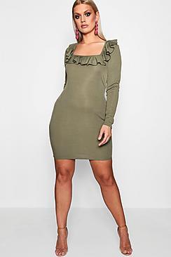 Boohoo Plus Square Neck Ruffle Bodycon Dress