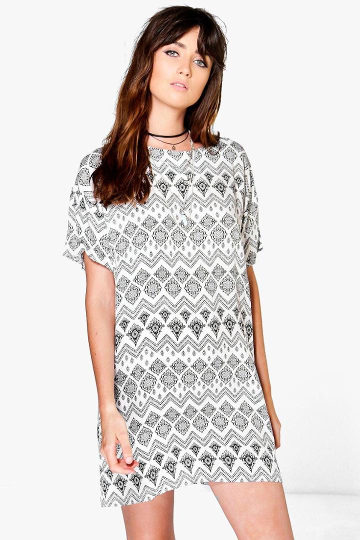 Boohoo Charlie Printed Cap Sleeve Shift Dress White