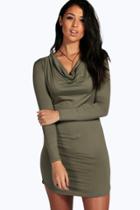 Boohoo Iris Cowl Neck Curved Hem Bodycon Dress Khaki