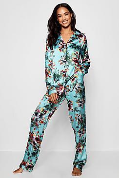 Boohoo Tall Freya Tropical Floral Satin Pj Trouser Set