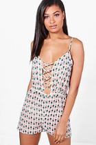 Boohoo Katie Pineapple Lace Up Beach Playsuit