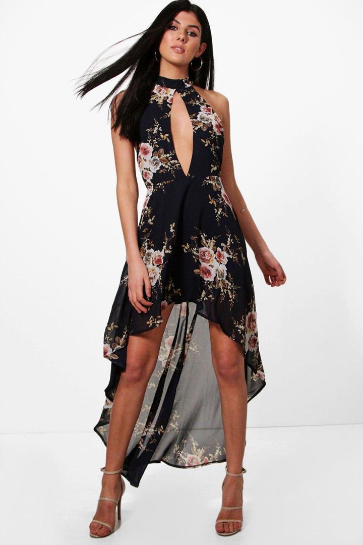 Boohoo Paula Dark Floral Chiffon Halter Maxi Dress Multi
