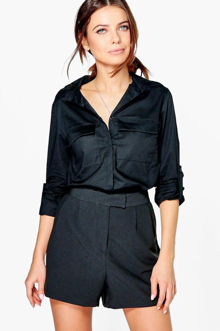 Boohoo Maisie Crop Cotton Shirt With Pocket Black