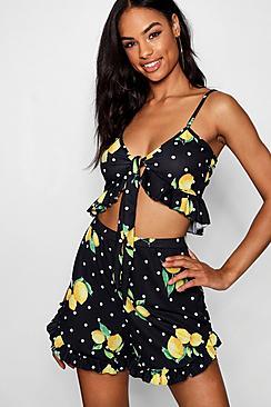 Boohoo Tall Ruby Lemon Print Tie Front Crop Top
