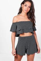 Boohoo Jen Polka Dot Off Shoulder Crop & Short Co-ord Black