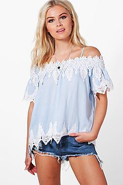 Boohoo Laila Crochet Trim Cold Shoulder Chambray Top