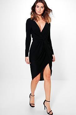 Boohoo Fran Slinky Long Sleeved Twist Detail Midi Dress