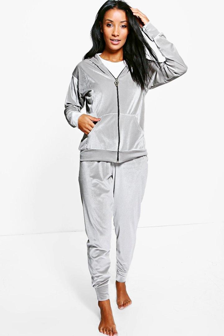 Boohoo Tia Velour Zip Through Hoody And Jogger Lounge Set Grey