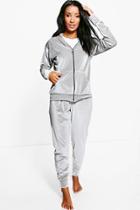 Boohoo Tia Velour Zip Through Hoody And Jogger Lounge Set Grey