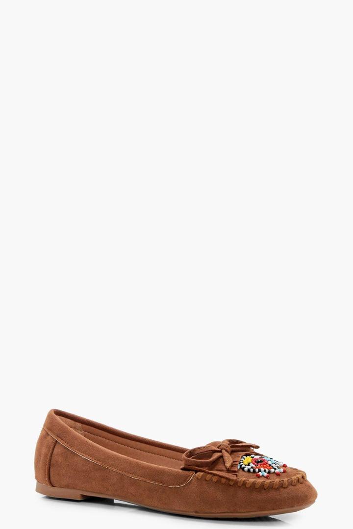 Boohoo Ava Beaded Fringe Moccasin Tan