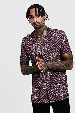 Boohoo Tile Print Short Sleeve Revere Jersey Shirt