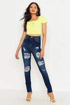 Boohoo Tall One Button Distressed High Rise Skinny Jean