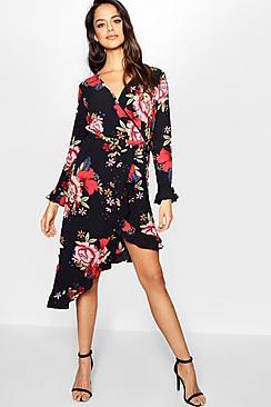Boohoo Tall Asymmetric Hem Ruffle Tea Dress