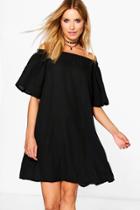 Boohoo Dariela Satin Off The Shoulder Shift Dress Black