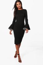 Boohoo Ella Contrast Flared Sleeve Midi Dress Black