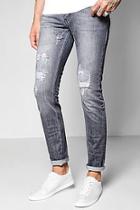 Boohoo Grey Distressed Denim Jeans In Slim Fit