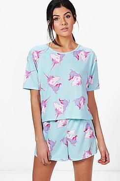 Boohoo Heidi Unicorn Short & Tee Pj Set