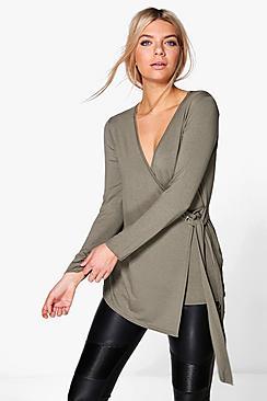 Boohoo Evaline Eyelet Detail Wrap Front Long Sleeve Top
