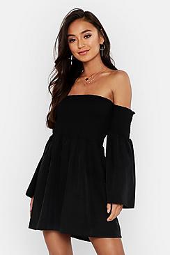 Boohoo Petite Shirred Flare Sleeve Bardot Skater Dress