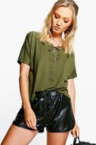 Boohoo Lola Lace Up Boxy Short Sleeve Tee Khaki