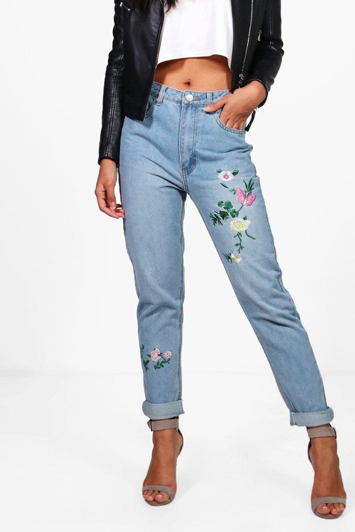 Boohoo Sophie High Waist Embroidered Leg Mom Jeans Blue