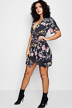 Boohoo Hayley Oriental Print Ruffle Tea Dress