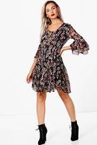 Boohoo Kat Floral Lace Up Ruffle Tea Dress