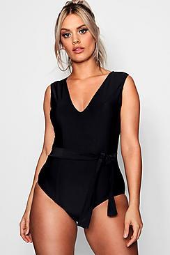 Boohoo Plus Bianca Tie Waist Plunge Front Swimsuit