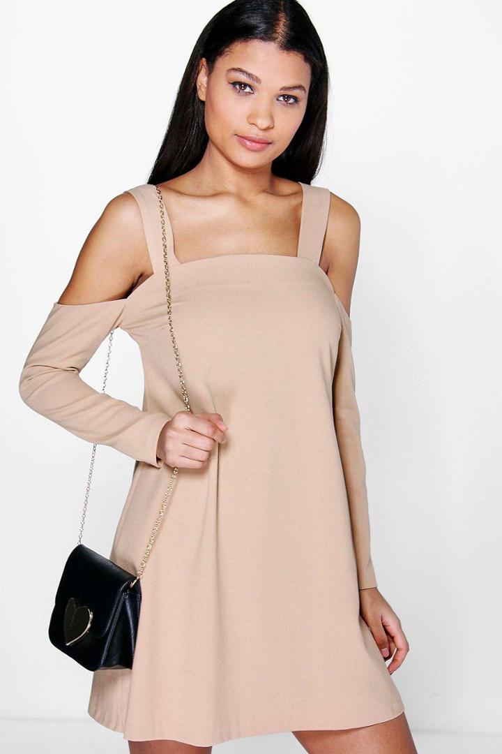 Boohoo Paulina Cold Shoulder Pinafore Dress Stone