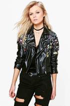 Boohoo Petite Fay Floral Panel Biker Jacket Black