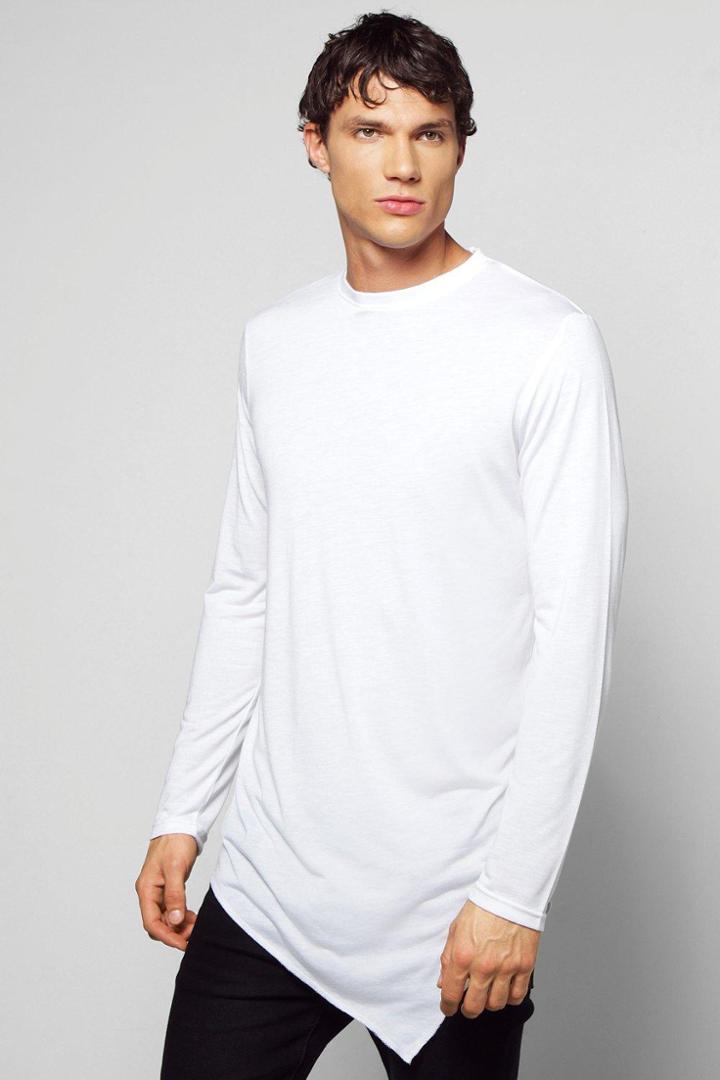 Boohoo Long Sleeve Longline Asymmetric T Shirt White