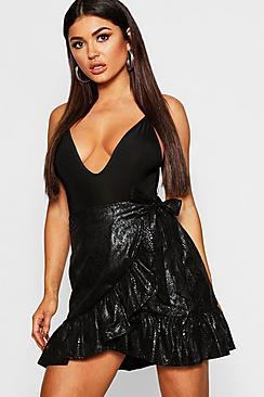 Boohoo Snake Print Faux Leather Ruffle Wrap Mini Skirt