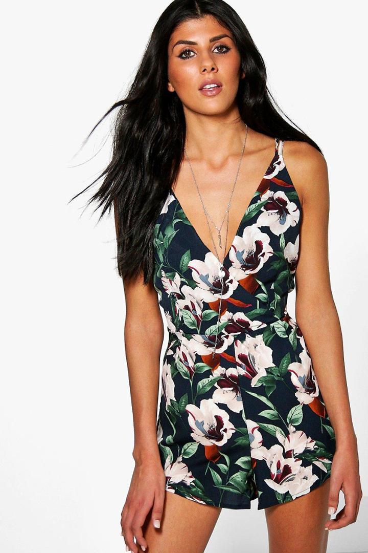 Boohoo Jen Floral Print Strappy Back Plunge Playsuit Navy