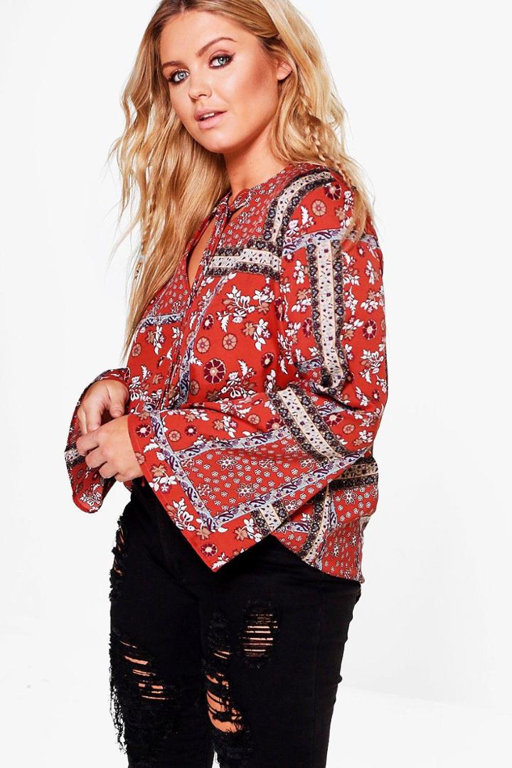 Boohoo Plus Laurie Western Printed Blouse Multi