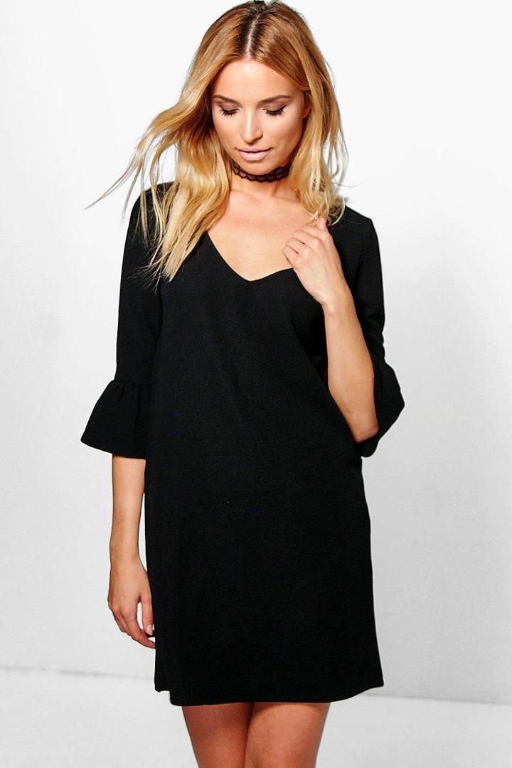 Boohoo Cheska Plunge Ruffle Sleeve Shift Dress Black
