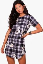 Boohoo Milly Check & Floral Detail Cap Sleeve Shift Dress