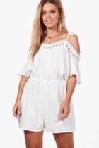 Boohoo Plus Lilly Crochet Open Shoulder Playsuit Ivory