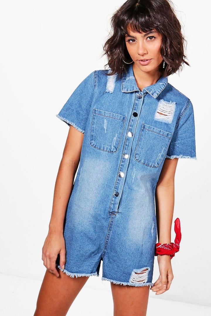 Boohoo Rubi Distressed Denim Playsuit Blue