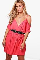 Boohoo Plus Sara Ruffle Cold Shoulder Swing Dress