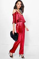 Boohoo Petite Ruby Open Shoulder Satin Jumpsuit