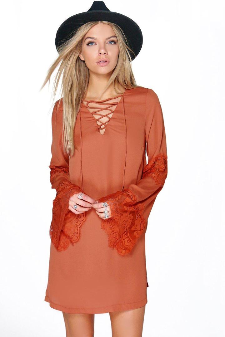 Boohoo Miriam Lace Up Lace Insert Swing Dress Spice