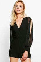 Boohoo Zoe Textured Split Sleeve Wrap Playsuit Black