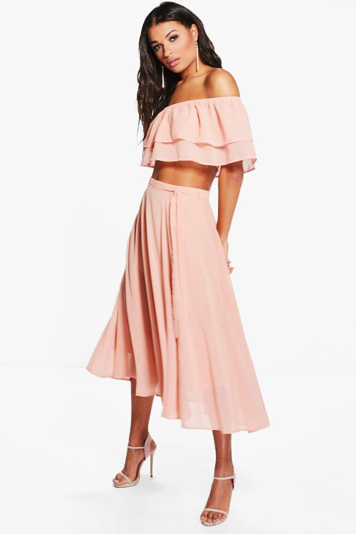 Boohoo Leah Ruffle Off The Shoulder Skater Woven Co-ord Blush